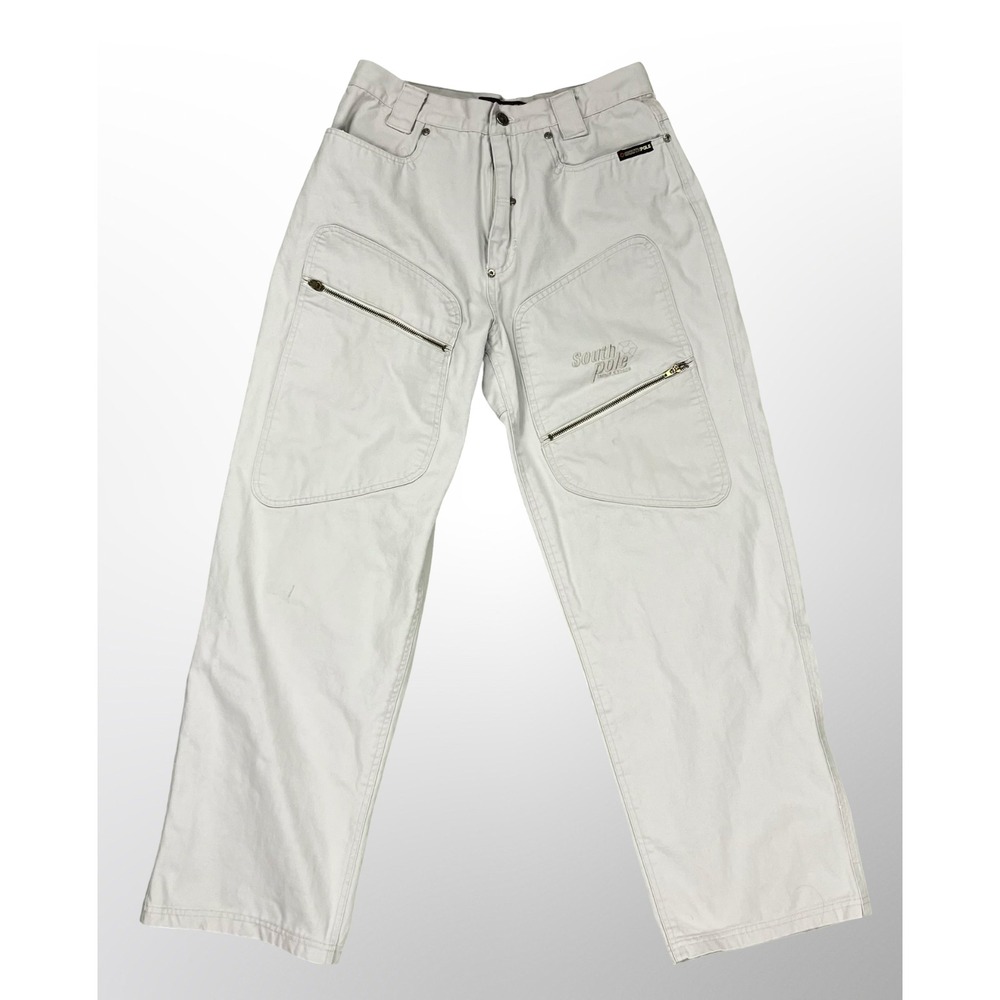 Southpole Authentic Collection Baggy Cargo Jeans Y2K Embroidered Beige Mens 34